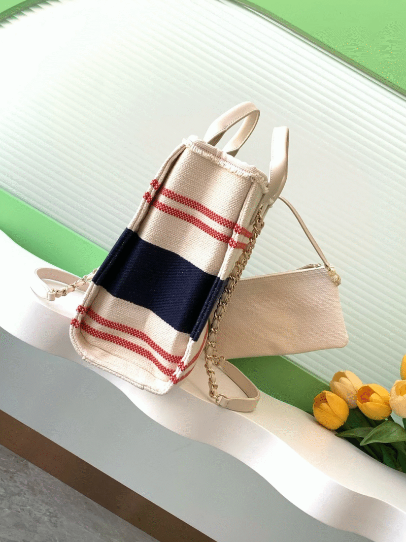 CHANEL SHOPPING BAG 34 IN WHITE RED AND NAVY BLUE CANVAS