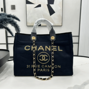 CHANEL DEAUVILLE LARGE 38 TOTE BAG IN BLACK CANVAS WITH GOLD EMBROIDERED LOGO