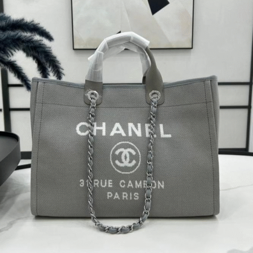 img_0607-1 CHANEL CC DEAUVILLE LARGE 38 TOTE BAG IN GREY CANVAS WITH WHITE LOGO