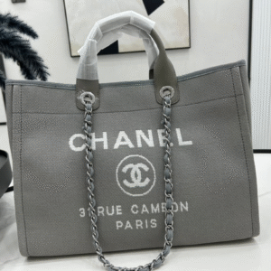 CHANEL CC DEAUVILLE LARGE 38 TOTE BAG IN GREY CANVAS WITH WHITE LOGO
