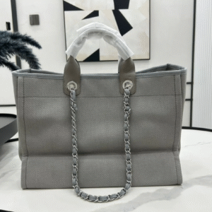 CHANEL CC DEAUVILLE LARGE 38 TOTE BAG IN GREY CANVAS WITH WHITE LOGO