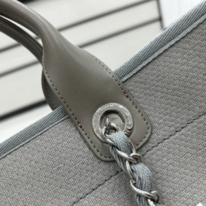 CHANEL CC DEAUVILLE LARGE 38 TOTE BAG IN GREY CANVAS WITH WHITE LOGO
