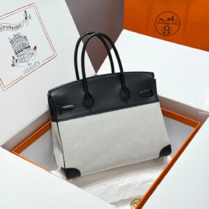 HERMES QUADRILLE BIRKIN 30 IN BLACK SWIFT WHITE TOILE CANVAS