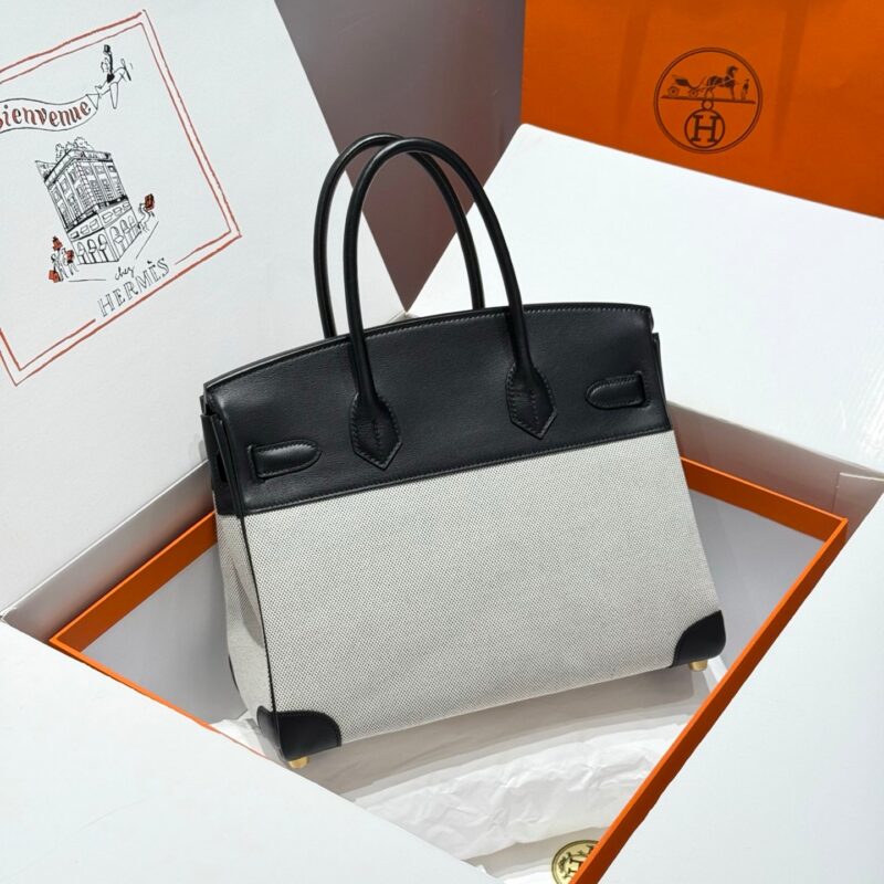 HERMES QUADRILLE BIRKIN 30 IN BLACK SWIFT WHITE TOILE CANVAS