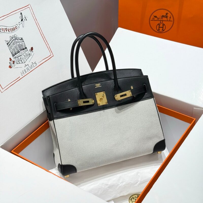 HERMES QUADRILLE BIRKIN 30 IN BLACK SWIFT WHITE TOILE CANVAS