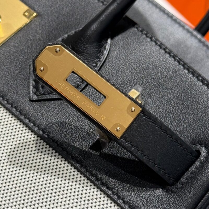 HERMES QUADRILLE BIRKIN 30 IN BLACK SWIFT WHITE TOILE CANVAS