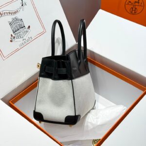HERMES QUADRILLE BIRKIN 30 IN BLACK SWIFT WHITE TOILE CANVAS