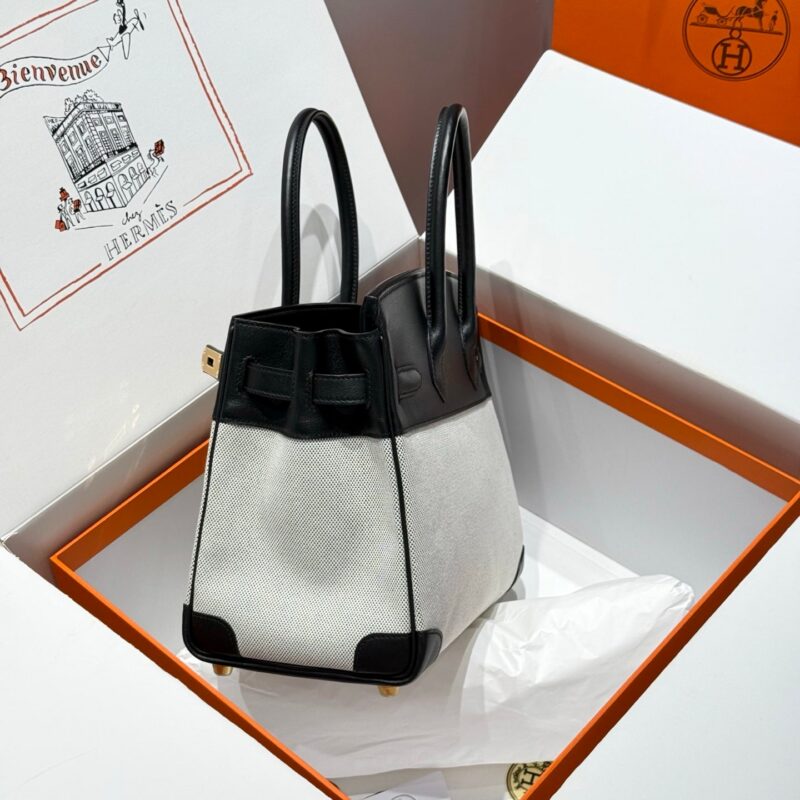 HERMES QUADRILLE BIRKIN 30 IN BLACK SWIFT WHITE TOILE CANVAS