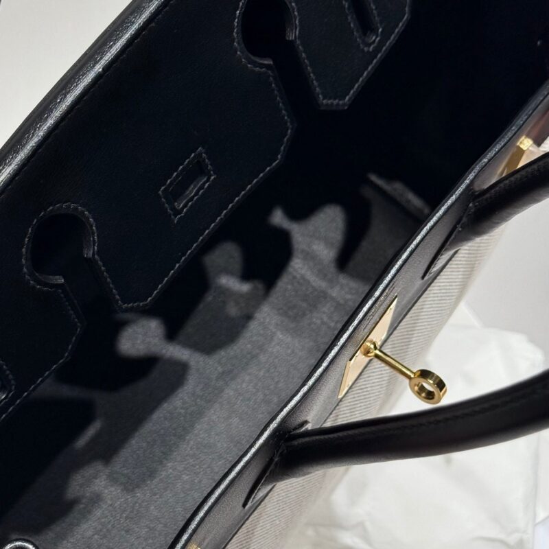 HERMES QUADRILLE BIRKIN 30 IN BLACK SWIFT WHITE TOILE CANVAS