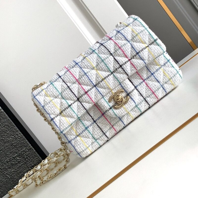 CHANEL MEDIUM 25 CLASSIC BAG IN LIGHT PINK MIX BLACK WOOL TWEED