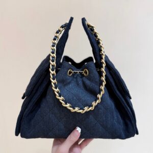 CHANEL 25 HANDBAG 30 IN DARK BLUE DENIM GOLD HARDWARE