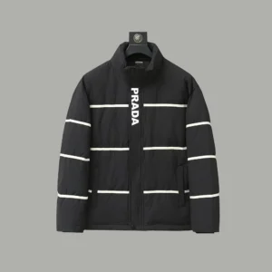 Replica Prada Striped Logo Down Jacket Black Unisex Reps - RepLuxe
