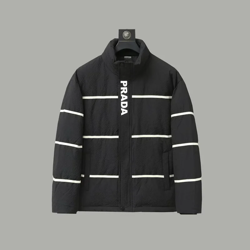 Replica Prada Striped Logo Down Jacket Black Unisex Reps - RepLuxe