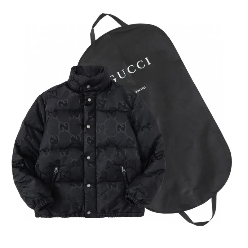 Replica Gucci Monogram Down Jacket Black Snap Button Reps - RepLuxe