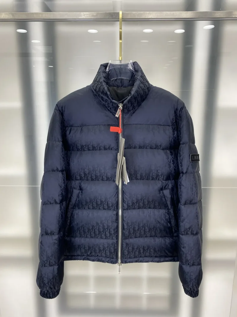 Replica Dior Oblique Down Jacket Navy Blue Stand Collar Reps - RepLuxe