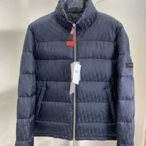 Replica Dior Oblique Down Jacket Navy Blue Stand Collar Reps - RepLuxe