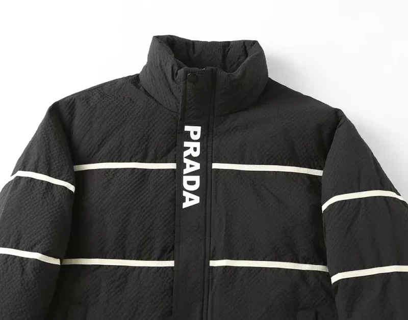 Replica Prada Striped Logo Down Jacket Black Unisex Reps - RepLuxe