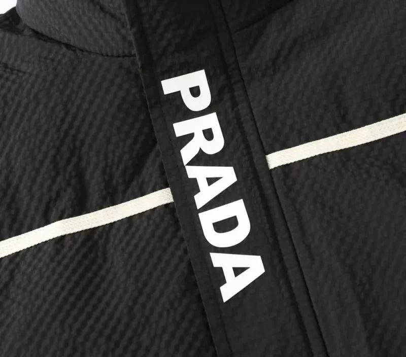 Replica Prada Striped Logo Down Jacket Black Unisex Reps - RepLuxe