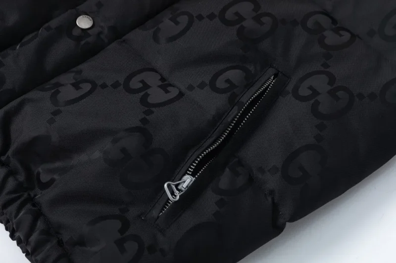 Replica Gucci Monogram Down Jacket Black Snap Button Reps - RepLuxe